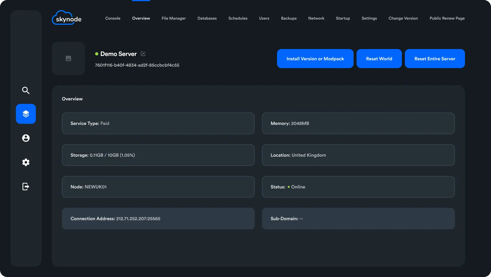 Example view of the Skynode game panel, showing a demo server overview